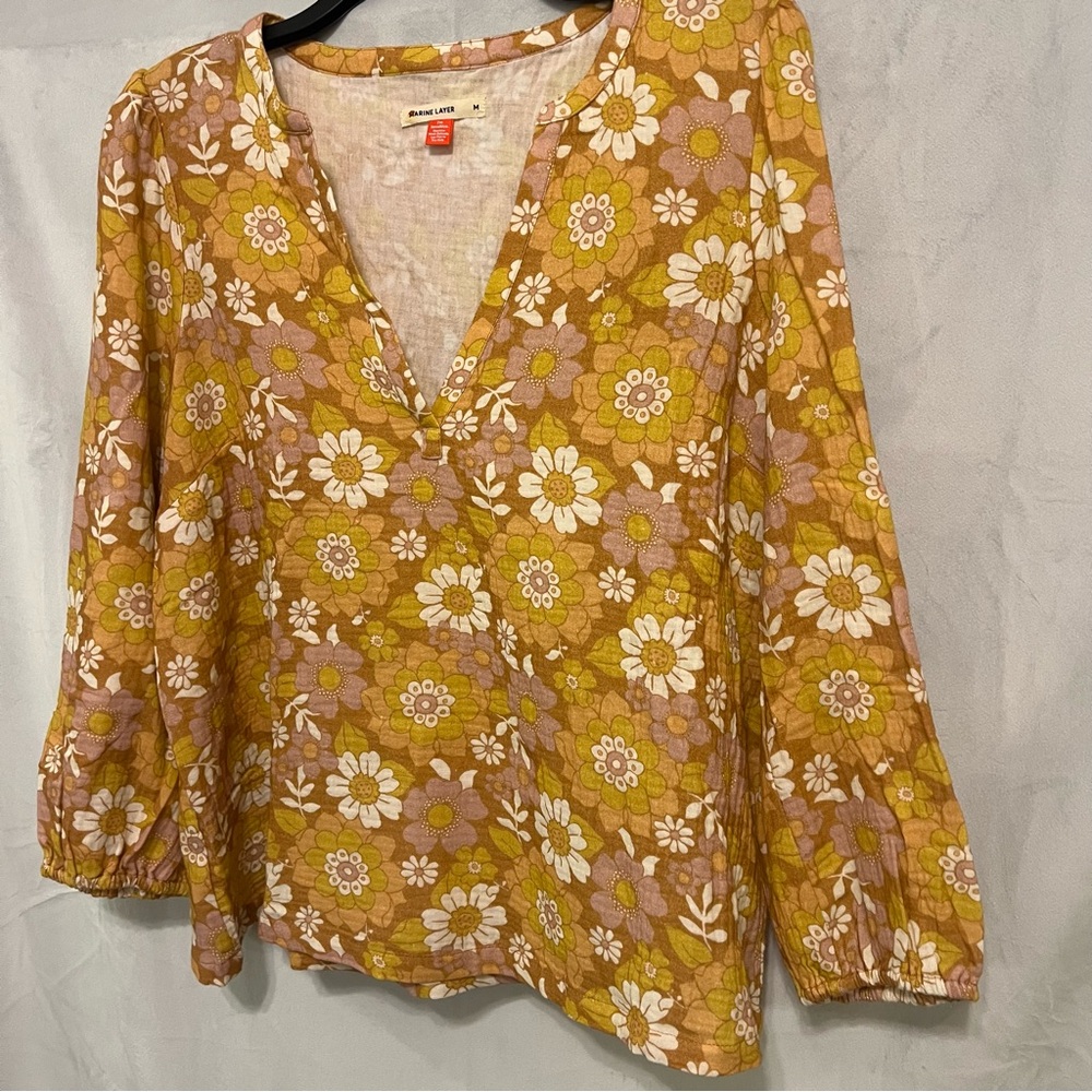 MARINE LAYER Women's Jamie Multi Floral Print Long Sleeve Split neck top Medium - Picture 6 of 10